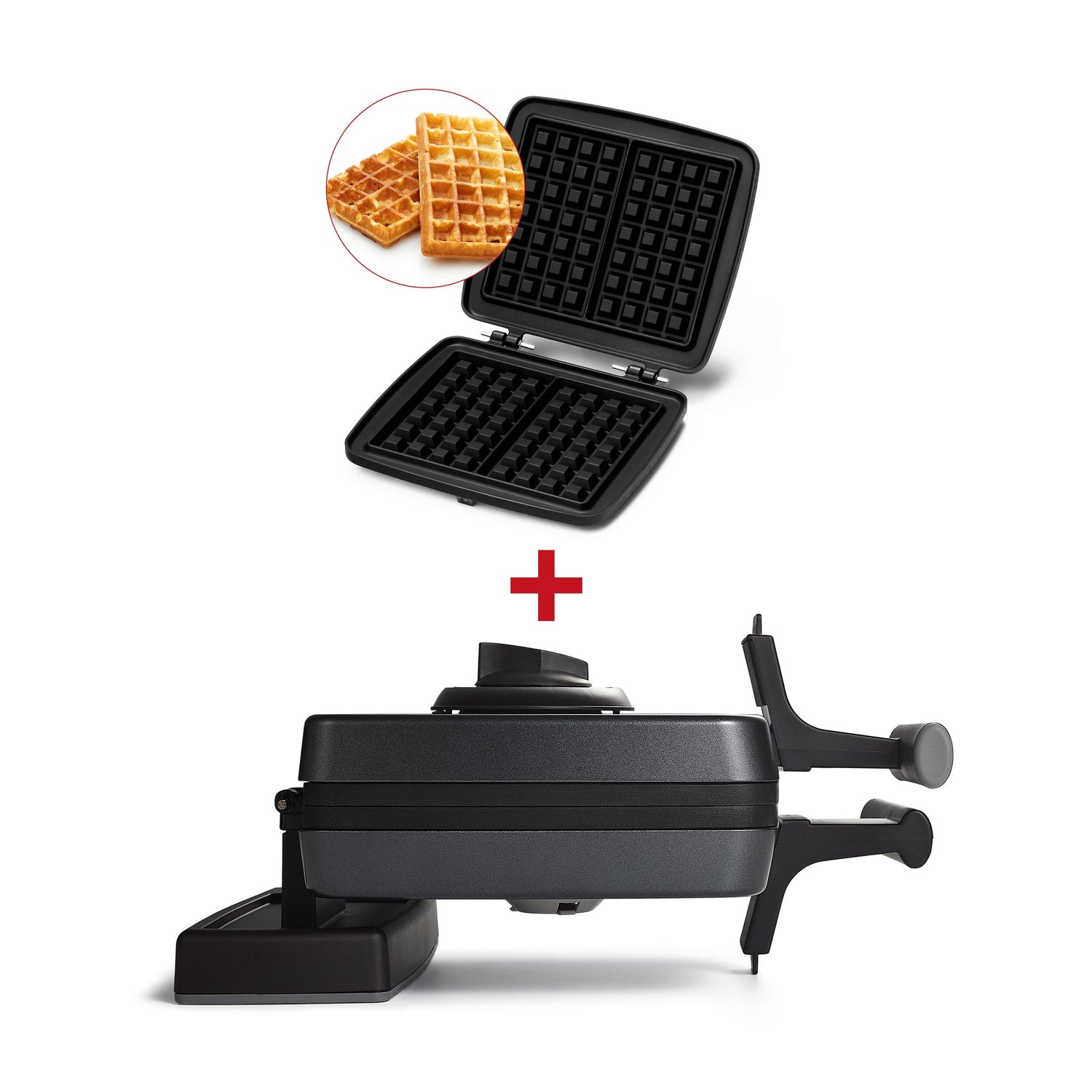 Een wafelijzer Pack: Belgische smaken is open weergegeven met gebakken wafels bovenaan, en een zijaanzicht van het gesloten apparaat onderaan, gescheiden door een rood plusteken.
