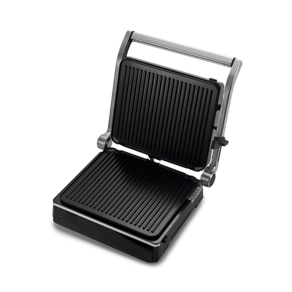 Grill Gourmet : un gril électrique à plat, doté de plaques de cuisson noires striées et d'une poignée en acier inoxydable, présenté sur fond blanc — idéal pour les amateurs de grillades qui souhaitent cuisiner sans effort à l'intérieur.