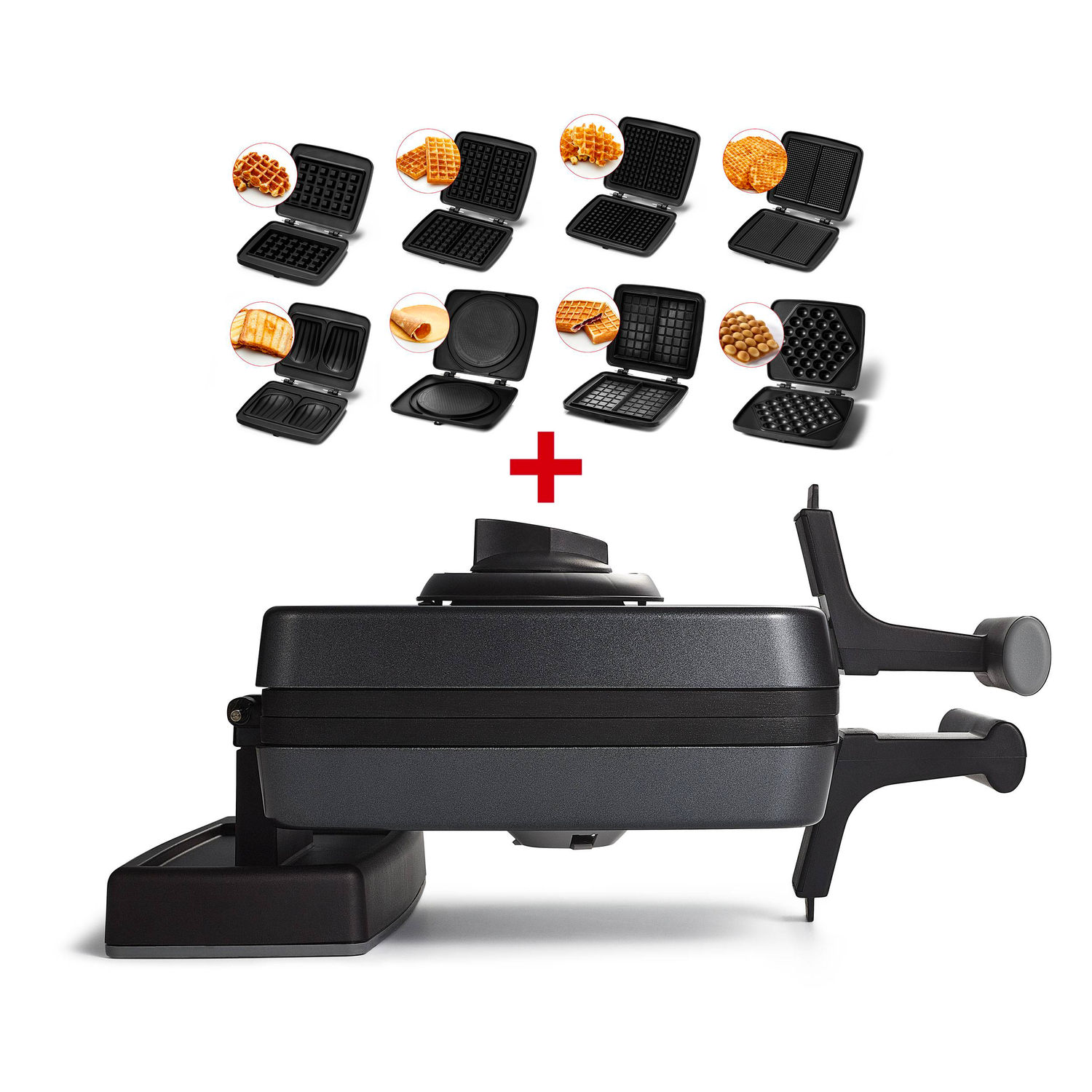 Pack : Dessert est un gaufrier électrique à plaques interchangeables pour faire des gaufres, des grillades et des desserts maison ; le signe plus signifie qu'il comprend plusieurs options de plaques.