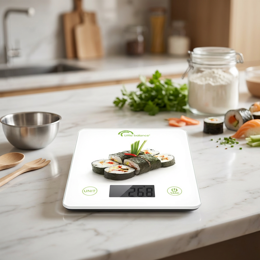 Le Balance culinaire Foodies Makis affiche 268 grammes tandis que les rouleaux de sushi reposent sur son plateau en verre trempé, posé sur un comptoir en marbre avec des ustensiles de cuisine et des ingrédients.