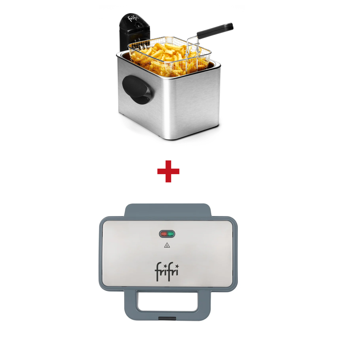 Un Pack : J'emménage avec une mini friteuse à frites en inox au-dessus d'un appareil à croque-monsieur XXL, séparés par un signe plus rouge sur fond blanc - le duo idéal de la cuisine.