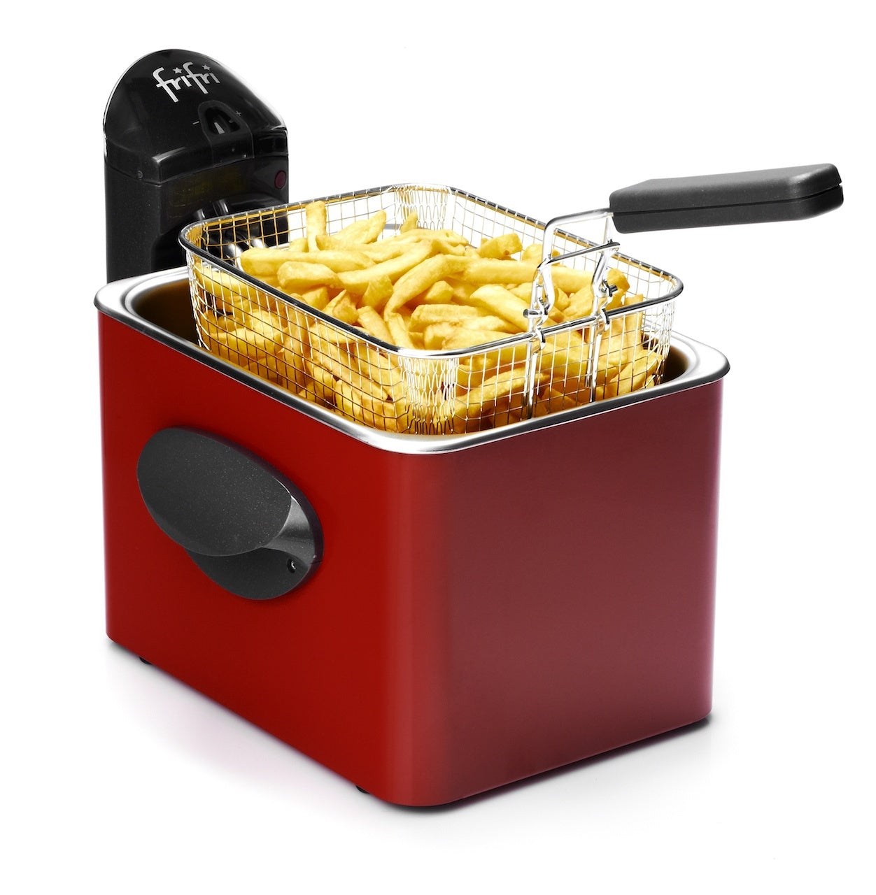 Rode friteuse met frietmand.