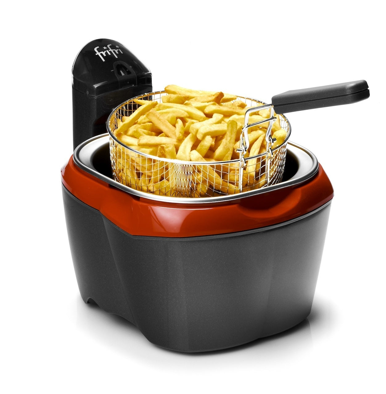 Antraciet en oranje elektrische friteuse met friet.