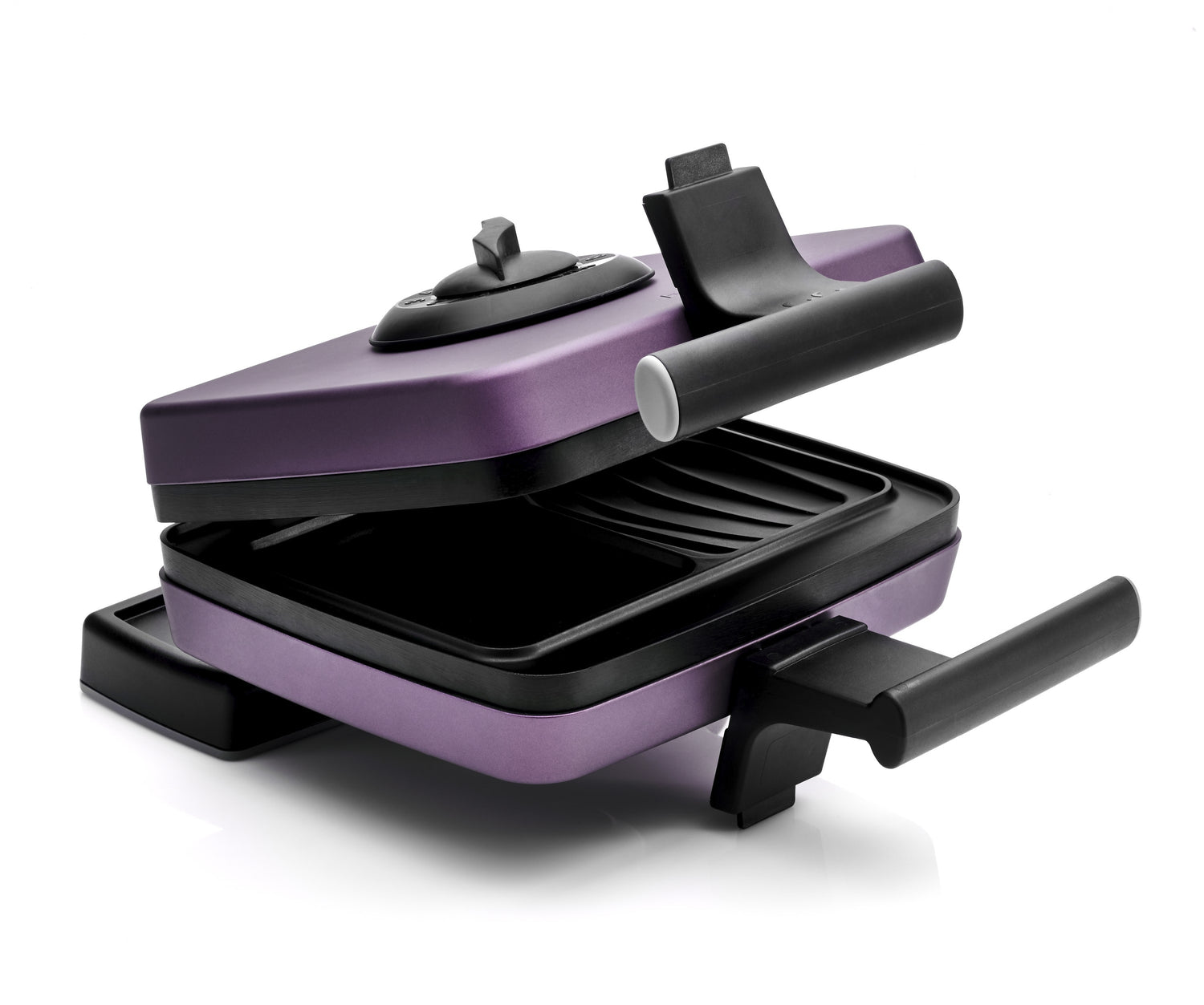 Gril électrique mauve et noir ouvert.