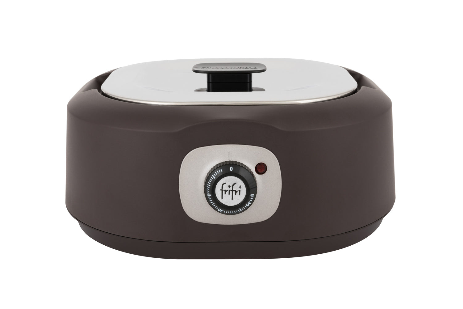 Un chauffe-cire électrique marron et argent avec un bouton de commande central et un voyant lumineux, parfait pour une atmosphère chaleureuse. Il s'associe élégamment à votre collection Pack : Saveurs belges.