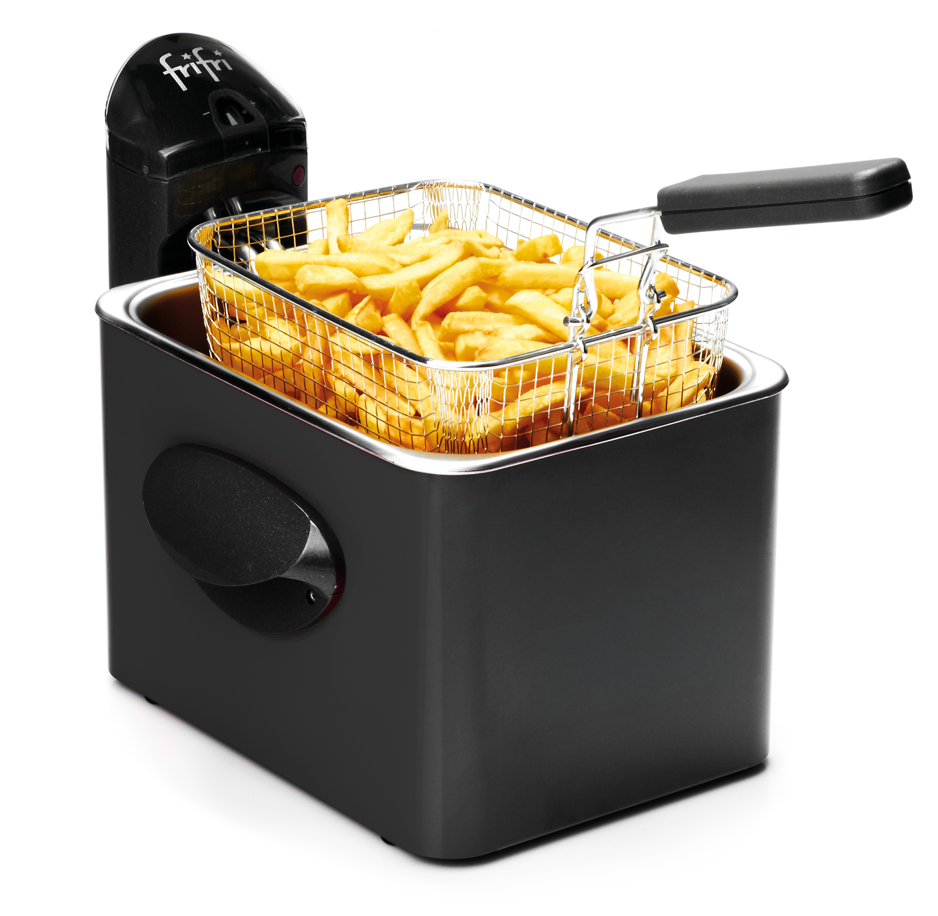 Zwarte friteuse gevuld met frietjes.