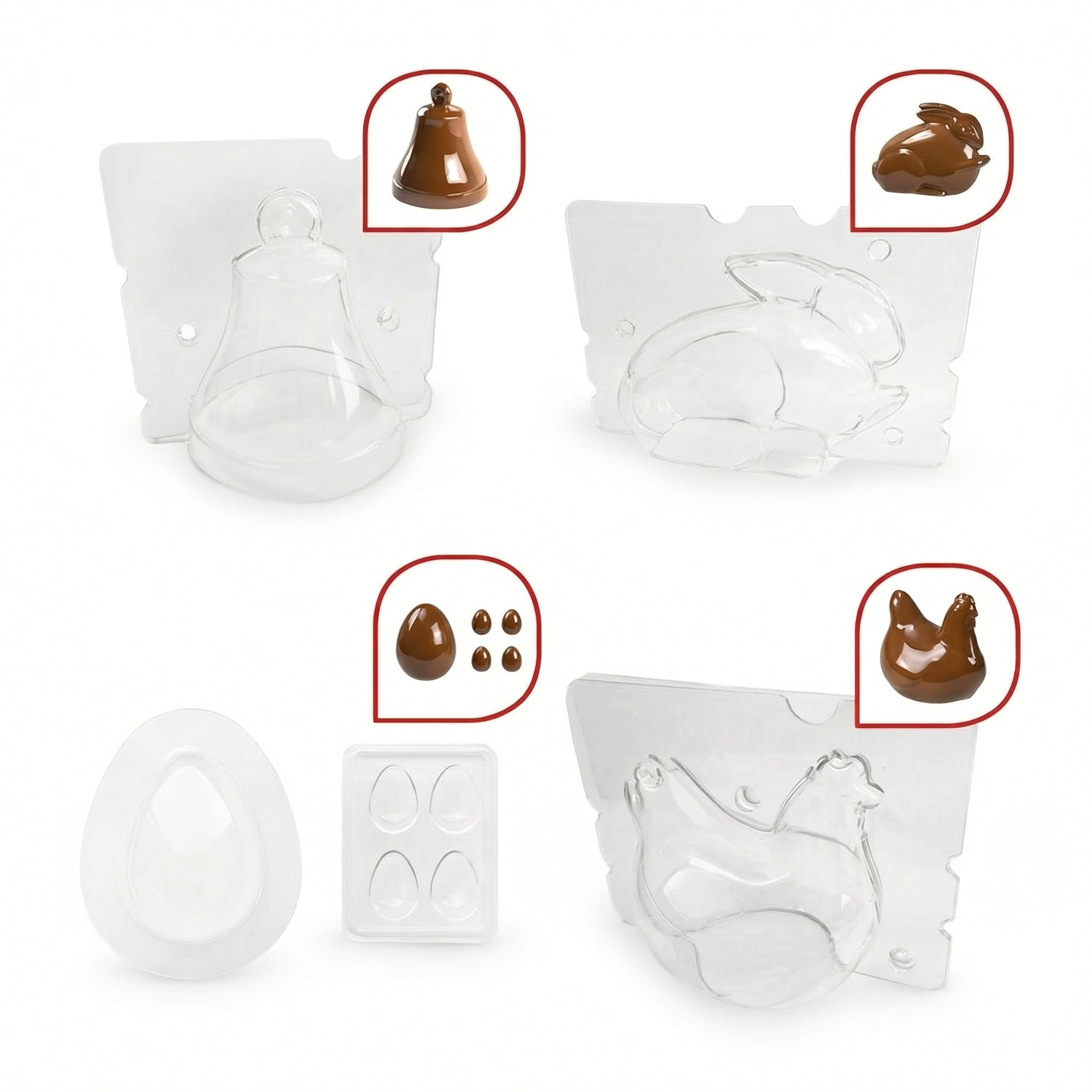 Quatre moules à chocolat en plastique transparent de La Chocolatière + Kit de Pâques sont présentés, chacun avec une photo en médaillon montrant une cloche, un lapin, un ensemble d'œufs et une poule - idéal pour les créations de Pâques ou l'utilisation d'une tempéreuse à chocolat.