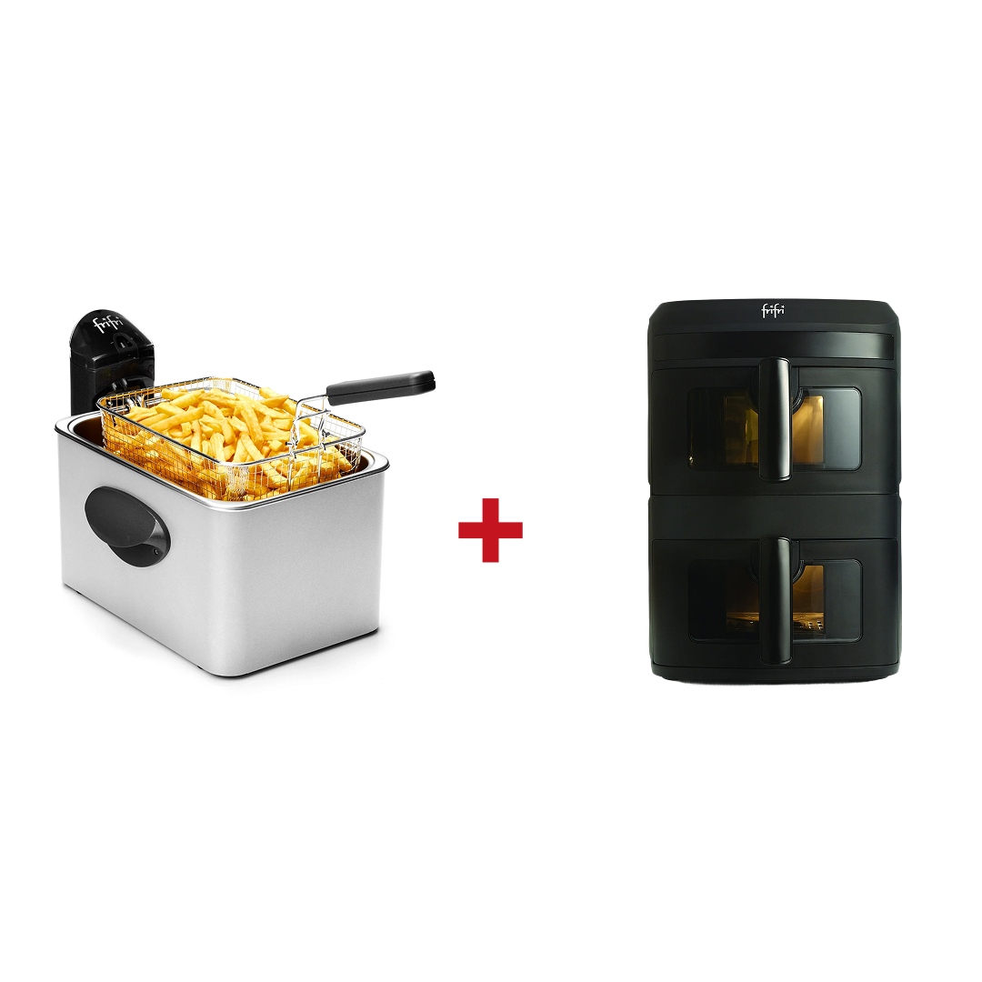 Pack : Le meilleur des deux mondes présente une Friteuse Expert en acier inoxydable avec des frites à gauche, une Airfryer Duo Slim noire à droite, et un signe plus rouge entre les deux - parfait pour mettre en valeur la cuisson moderne dans votre cuisine.