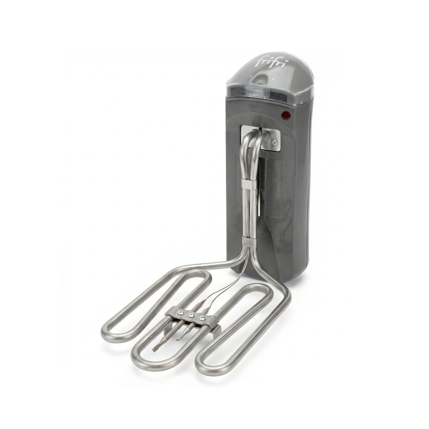 A gray Résistance pour friteuse - Thermoplongeur électrique de 2000 W avec serpentins métalliques, couvercle de protection et témoin lumineux d'alimentation.