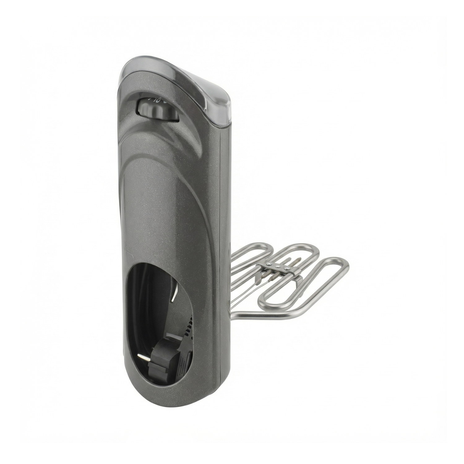 L'ouvre-boîte électrique noir et argent avec poignée en métal et aiguiseur de couteaux intégré, présenté sur fond blanc, s'associe parfaitement à la Résistance pour friteuse - 3200 W pour des performances de cuisine efficaces.