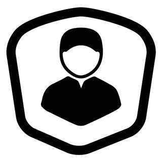 Icône en noir et blanc représentant une personne générique à l'intérieur d'un bouclier, représentant la sécurité ou la protection de l'utilisateur.