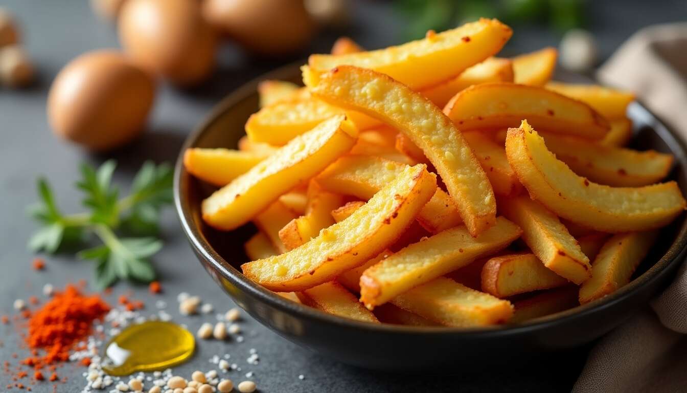 Un bol noir rempli de frites assaisonnées et dorées repose sur une surface sombre, entouré d'épices, d'herbes et d'œufs entiers.
