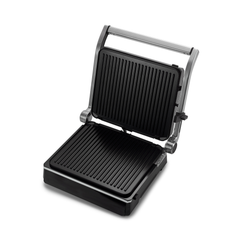 Grill Gourmet : un gril électrique à plat, doté de plaques de cuisson noires striées et d'une poignée en acier inoxydable, présenté sur fond blanc — idéal pour les amateurs de grillades qui souhaitent cuisiner sans effort à l'intérieur.