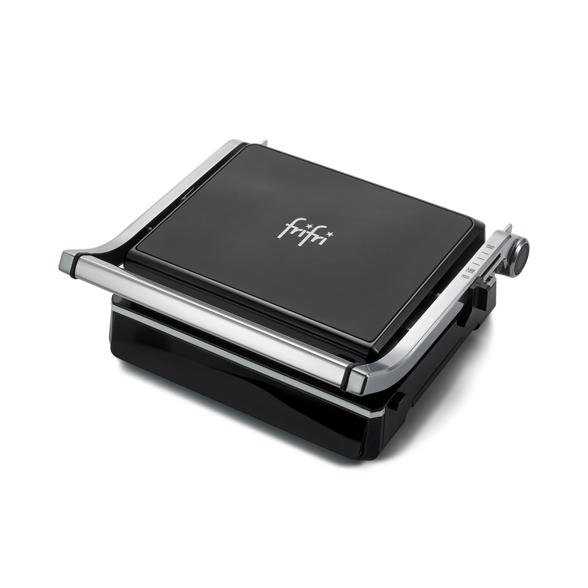 Grill électrique « Grill Gourmet » noir, de type fermé, avec des touches argentées sur fond blanc, doté d'une poignée et d'un bouton de commande sur le côté droit — idéal pour faire des grillades en intérieur sans effort et préparer facilement vos plats gastronomiques préférés.