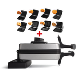 Het Wafelijzer Grijs + 8 platen is een zilverkleurig wafelijzer met 8 verwisselbare platen om wafels en andere gerechten te maken, weergegeven met een plusteken en verschillende geïllustreerde plaatopties hierboven.