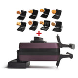 Wafelijzer Paars + 8 platen hierboven afgebeeld, uitgerust met verwisselbare platen voor het maken van wafels, bubblewafels, pannenkoeken en andere ontbijtgerechten.