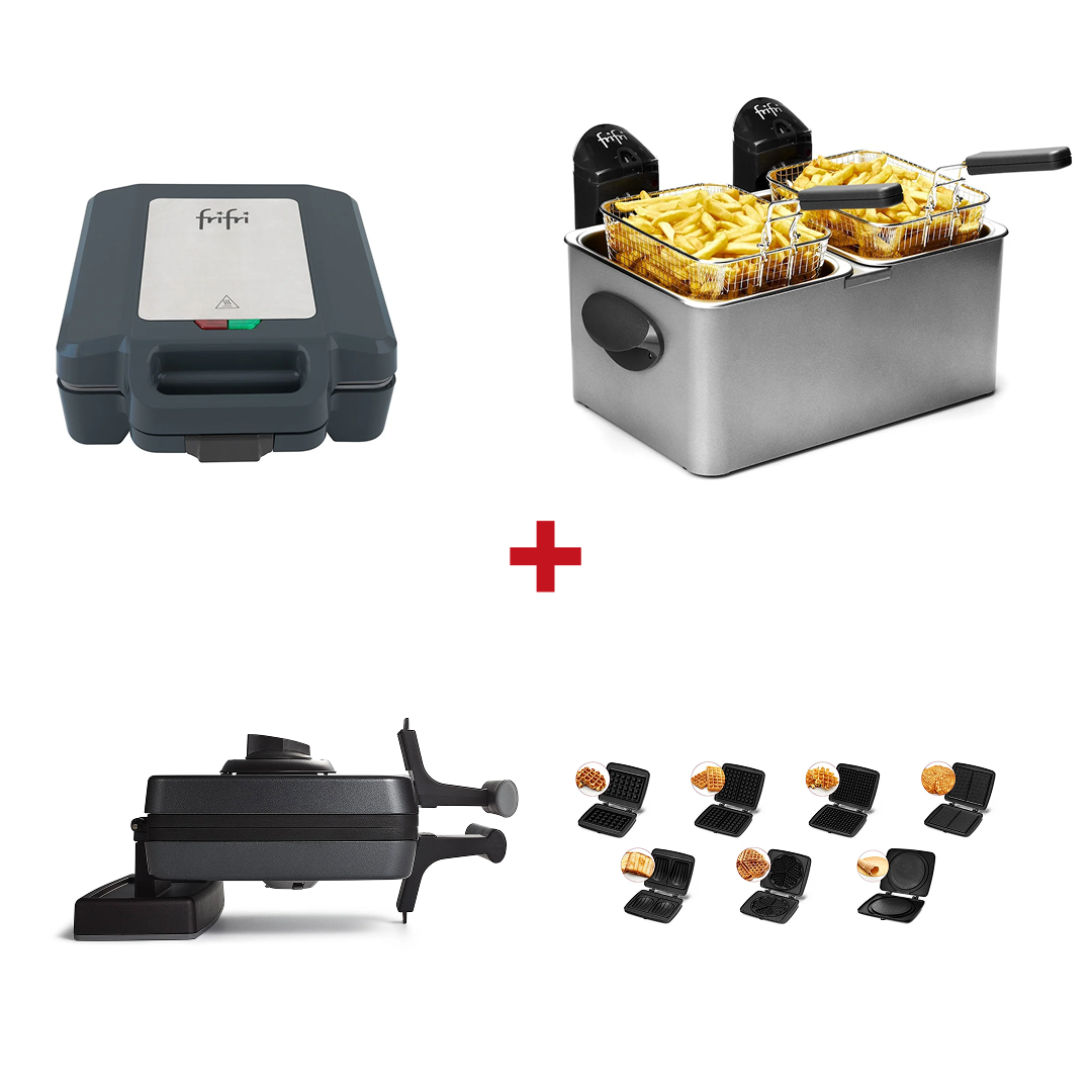 Het Pack: XXL bevat een Gaufrier Noir, een friteuse met dubbele kuip voor frietjes en een gaufrier voor kegels, en toont de veelzijdigheid van deze keukenapparaten en de heerlijke creaties die ermee mogelijk zijn.