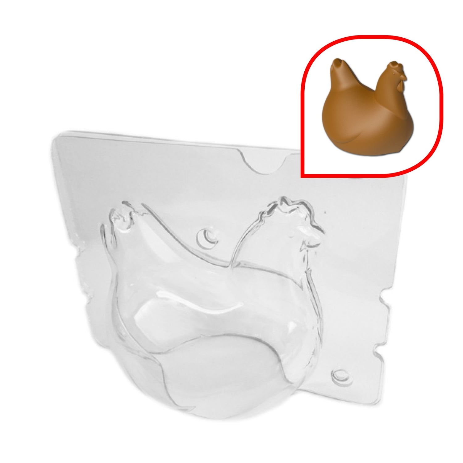 Moule à chocolat en forme de poule, plastique transparent.
