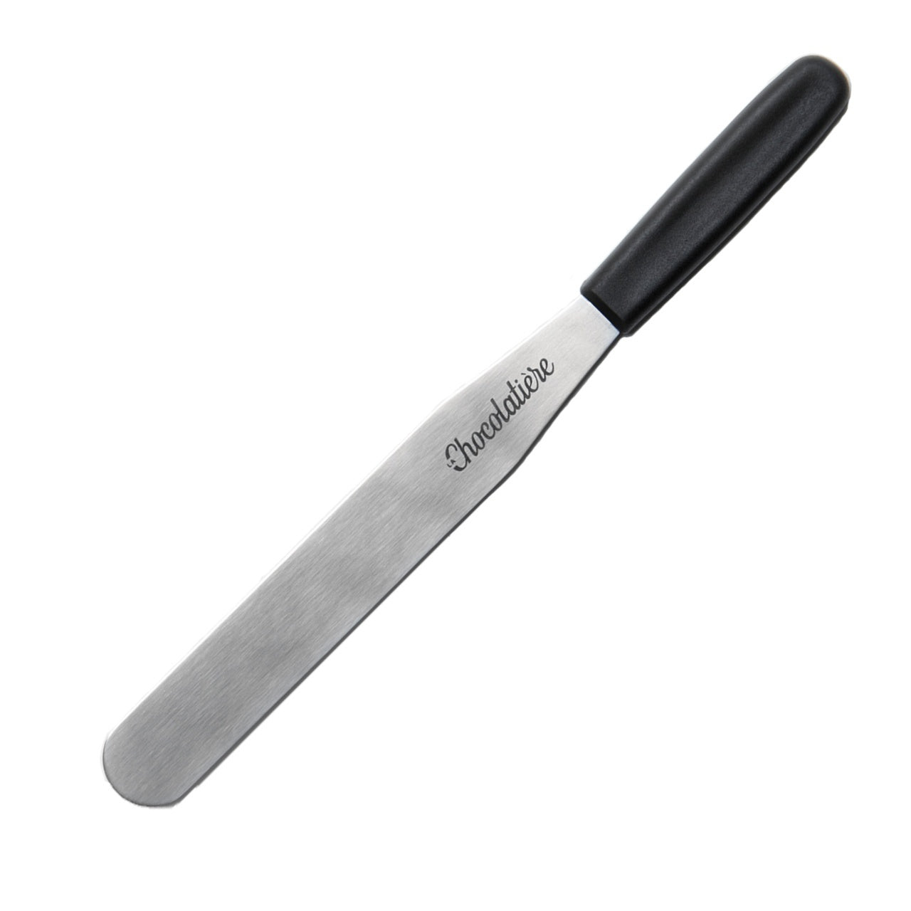 Spatule de pâtissier en acier inoxydable avec manche noir.
