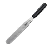 Spatule de pâtissier en acier inoxydable avec manche noir.
