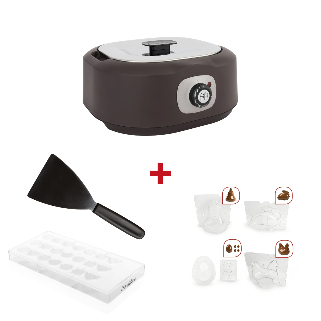 Het pack: Le chocolat dans toute sa splendeur bevat een machine om chocolade te smelten met deksel en wijzerplaat, een zwarte spatel, een transparante schaal voor pralinevorm, en drie transparante mallen - ideaal om chocolade te tempereren en prachtige zelfgemaakte bonbons te maken.