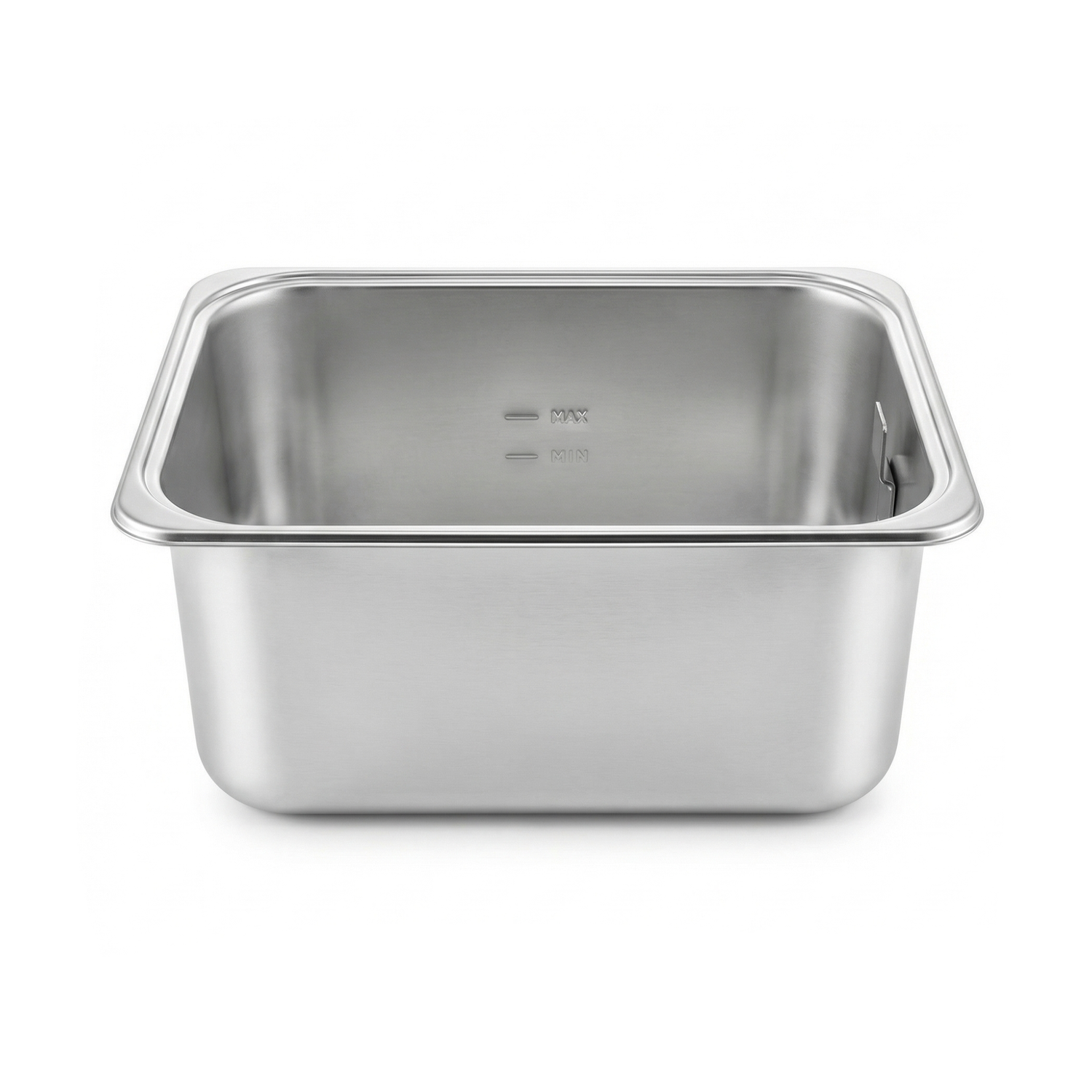 La Cuve pour friteuse Expert 4,5L est une cuve de friteuse en acier inoxydable avec des coins arrondis et des repères de mesure internes, conçue comme pièce de rechange pour les friteuses, présentée sur fond blanc.