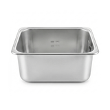 La Cuve pour friteuse Expert 4,5L est une cuve de friteuse en acier inoxydable avec des coins arrondis et des repères de mesure internes, conçue comme pièce de rechange pour les friteuses, présentée sur fond blanc.
