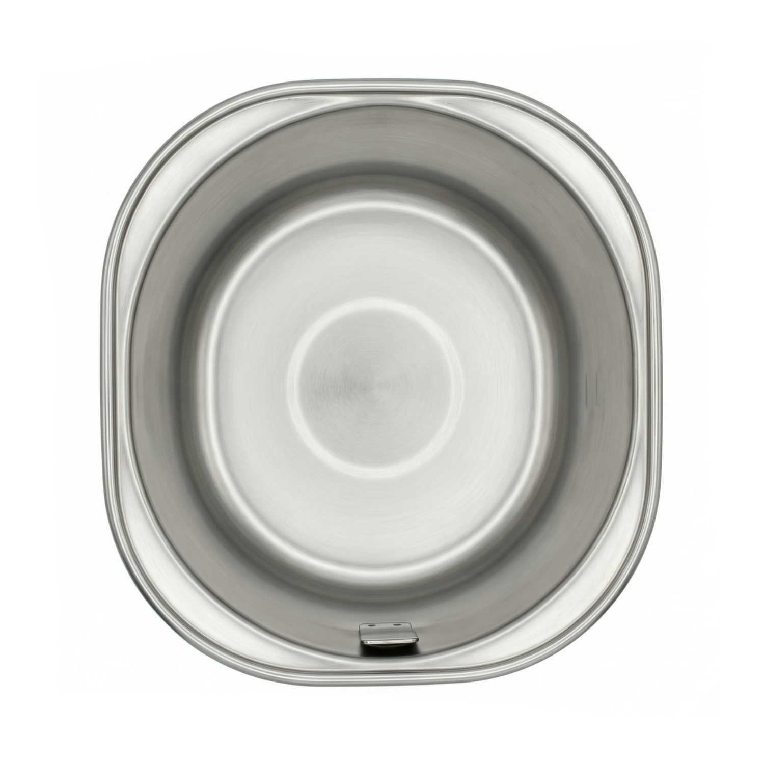 Vue de dessus d'une barquette alimentaire Cuve pour friteuse Initiation et Tradition 3L en acier inoxydable, ovale et vide, avec un bord légèrement surélevé et un loquet à l'une des extrémités.