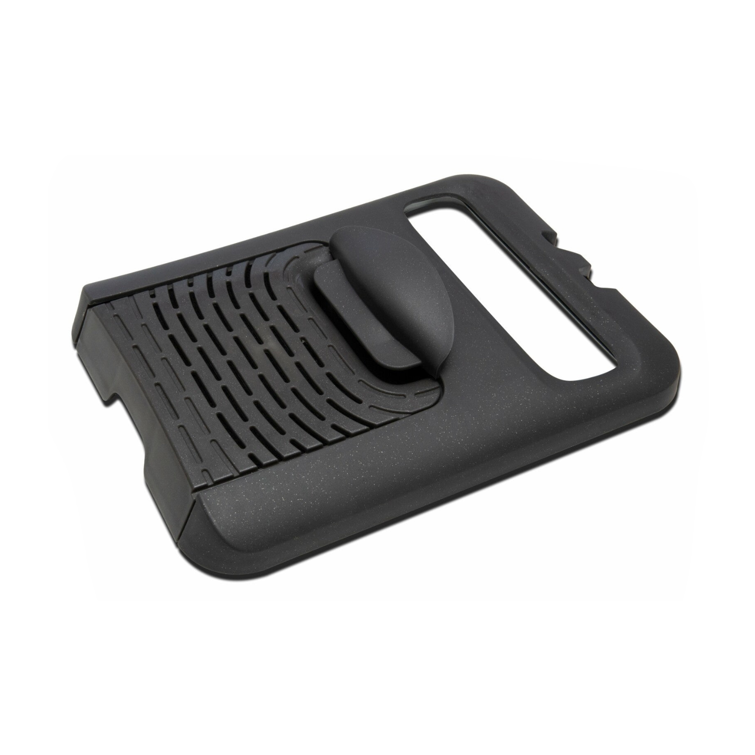 Rechthoekig deksel in zwart plastic met een getextureerd oppervlak, een verhoogde centrale handgreep en een grote zijdelingse uitsparing, vergelijkbaar met het DUOFIL-deksel voor de Friteuse Expert 3,5L.