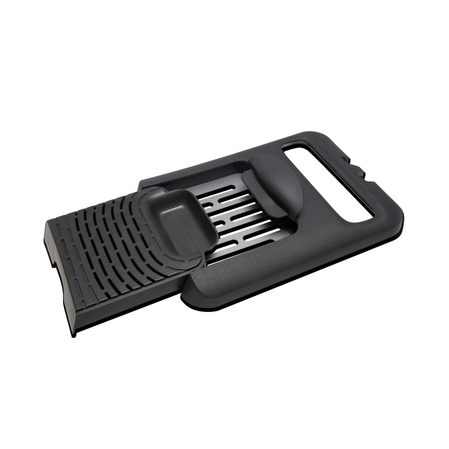 Veelzijdige snijder in zwart plastic met handvat, rasp en afneembaar plateau - perfect voor de bereiding van voedsel wanneer gebruikt met uw Deksel DUOFIL - Friteuse Expert 4,5L. Afgebeeld op witte achtergrond.