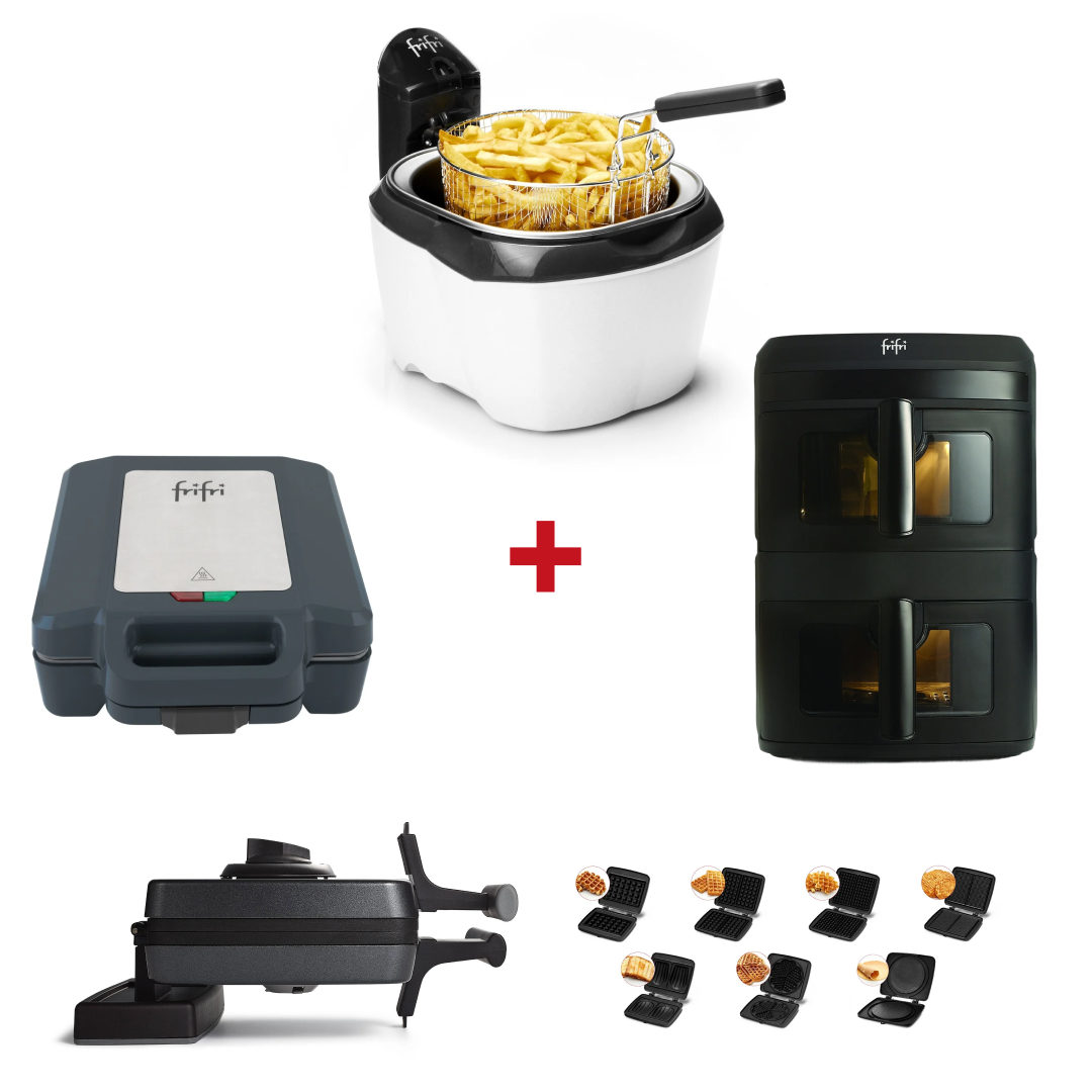Het Pack: Familles nombreuses bevat bijpassende keukenapparaten zoals de Airfryer Duo Slim, de Friteuse Initiation 3L met frietjes, een sandwichapparaat, een apparaat met dubbele compartimenten en verwisselbare bakplaten.