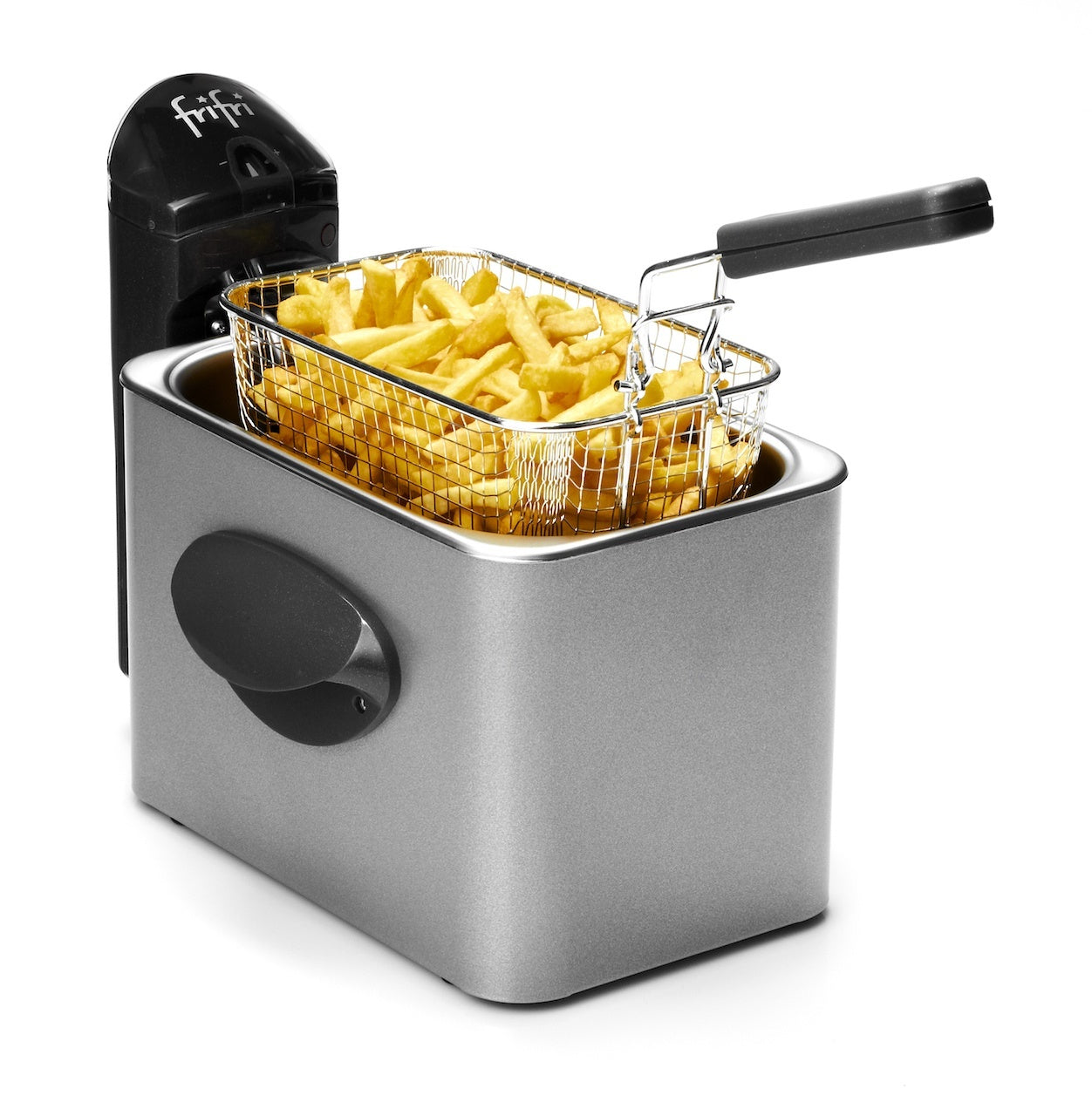 Grijze friteuse met friet.
