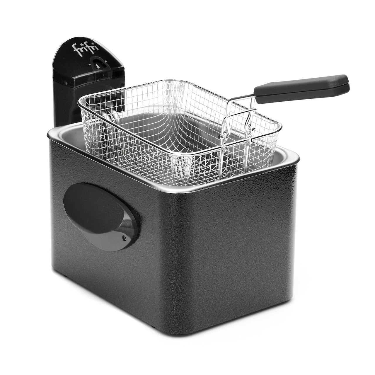 Zwarte friteuse met metalen mand.
