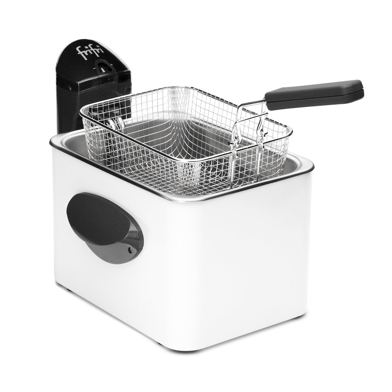 Witte friteuse met mand in roestvrij staal.