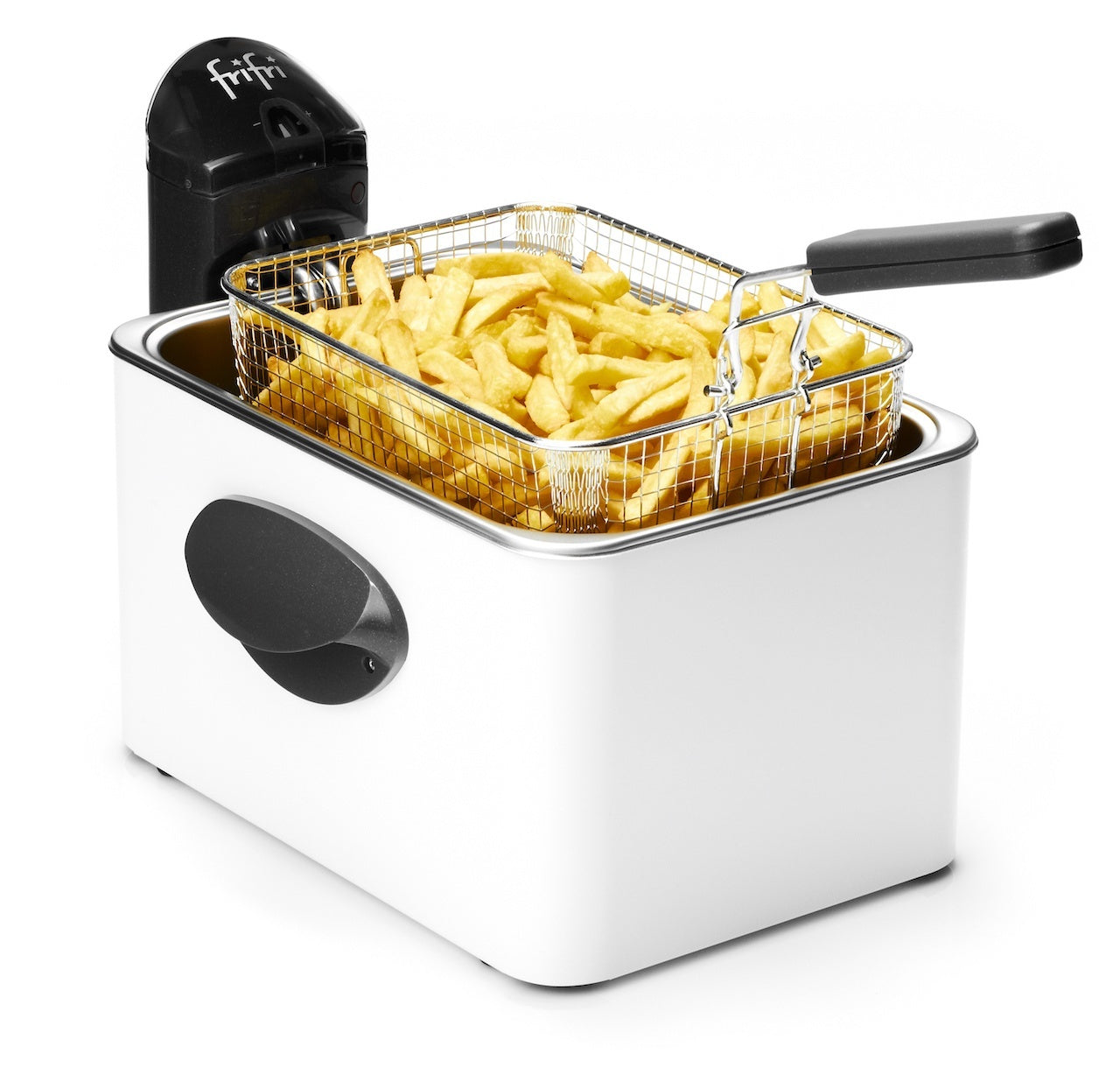Witte friteuse met gouden friet.
