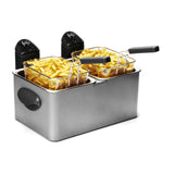 Friteuse double argentée remplie de frites.