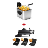 Le "Pack : Frites et Gaufres" comprend une Mini Friteuse pour des frites croustillantes et un Frifri gaufrier avec des plaques interchangeables pour différents types de gaufres.