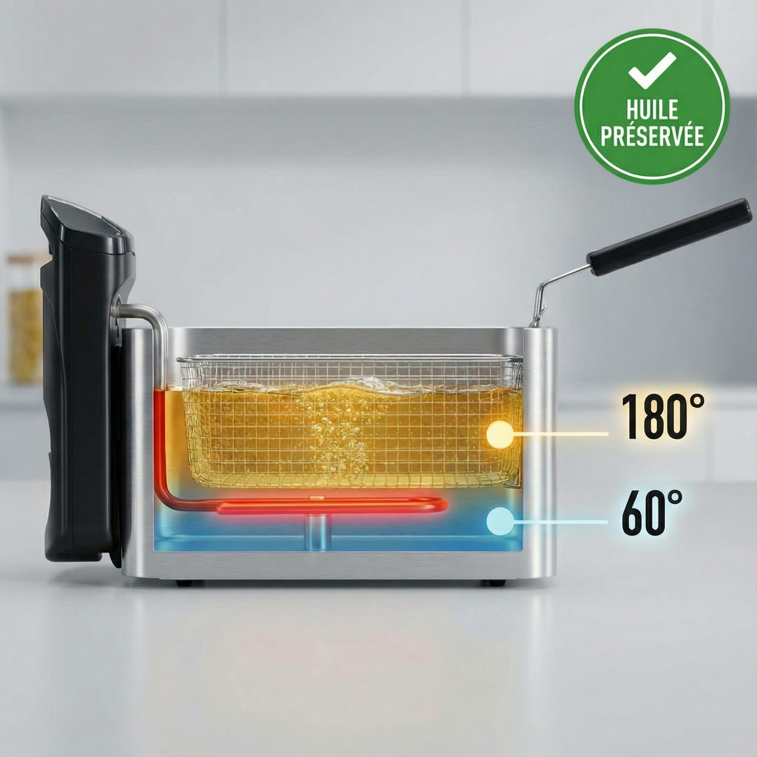 Vue en coupe d'une friteuse montrant de l'huile à 180°C au-dessus d'un élément chauffant rouge et de l'huile plus froide à 60°C en dessous, avec un symbole 