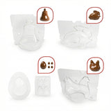 De Paaskit bevat vier transparante plastic vormen - klok, konijn, ei met helften en kip - elk gepresenteerd met een voorbeeld van een chocoladefiguur. Ideaal om zelfgemaakte chocolaatjes te maken of om uw Paasfeest te versieren!.