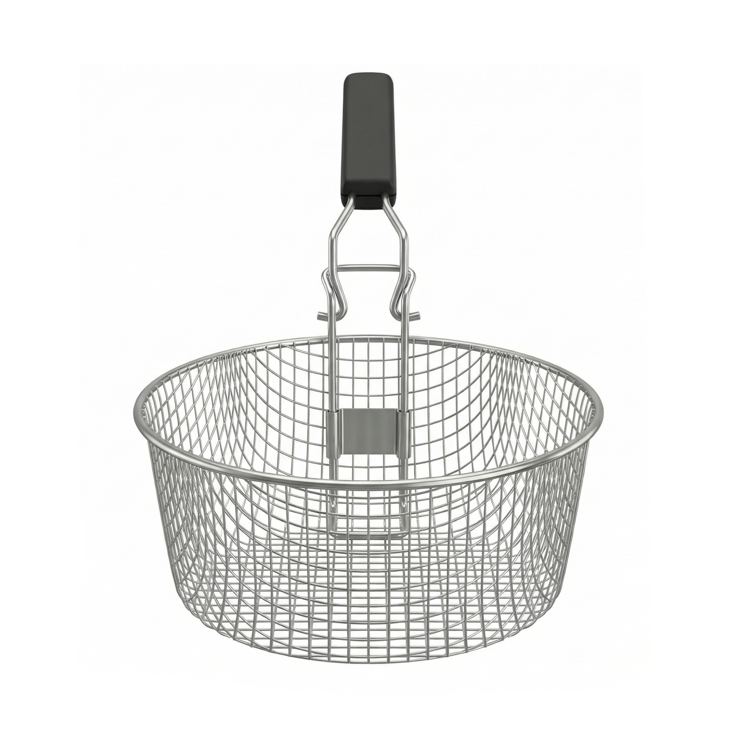 Le Panier pour friteuse Initiation et Tradition 3L est un panier rond en acier étamé avec une poignée en plastique noir, idéal pour faire frire ou égoutter les aliments.