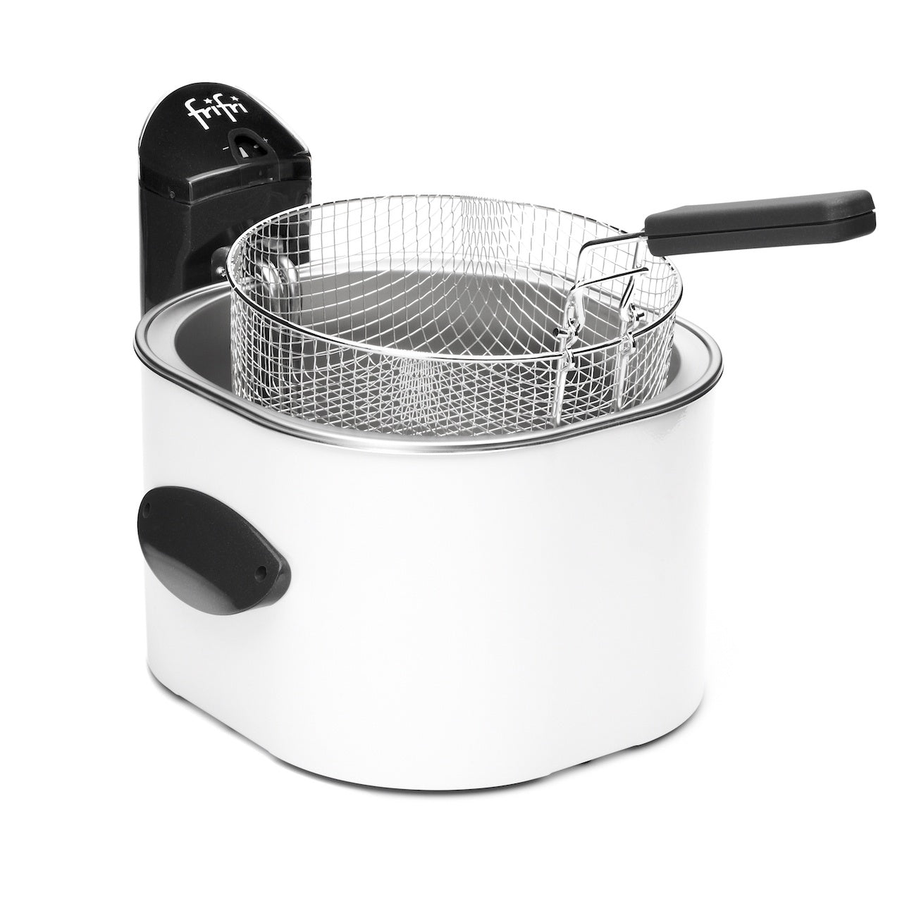 Une friteuse blanche avec un panier.