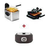 Le Pack : Saveurs belges comprend une Friteuse Expert avec des frites, un Gaufrier Noir, et une chocolatière ronde, disposés avec des signes plus entre eux.