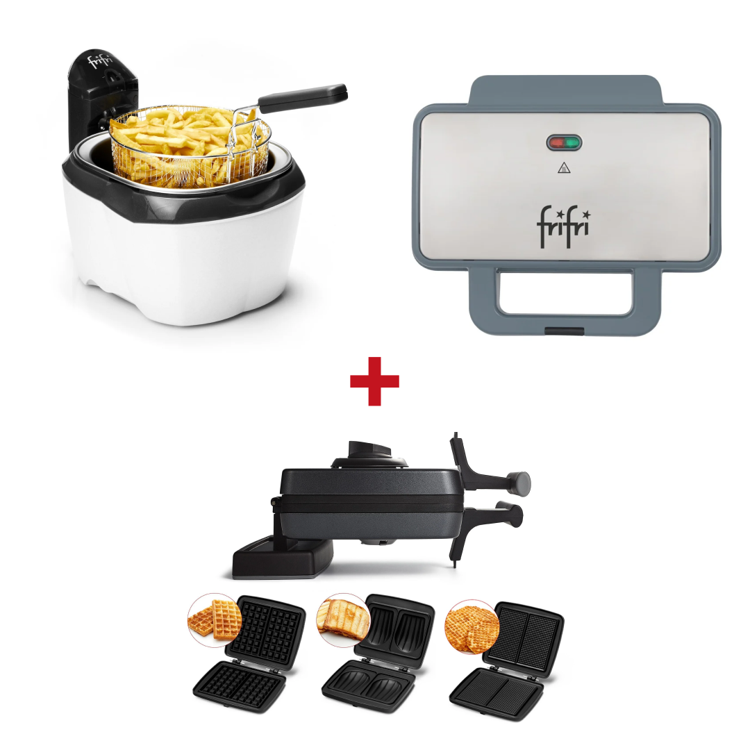 Het Pack: Trio Gourmand bevat een friteuse met frietjes, een elektrisch gaufrier en een sandwichgrill met verwisselbare platen, zoals geïllustreerd met voorbeelden van gerechten.
