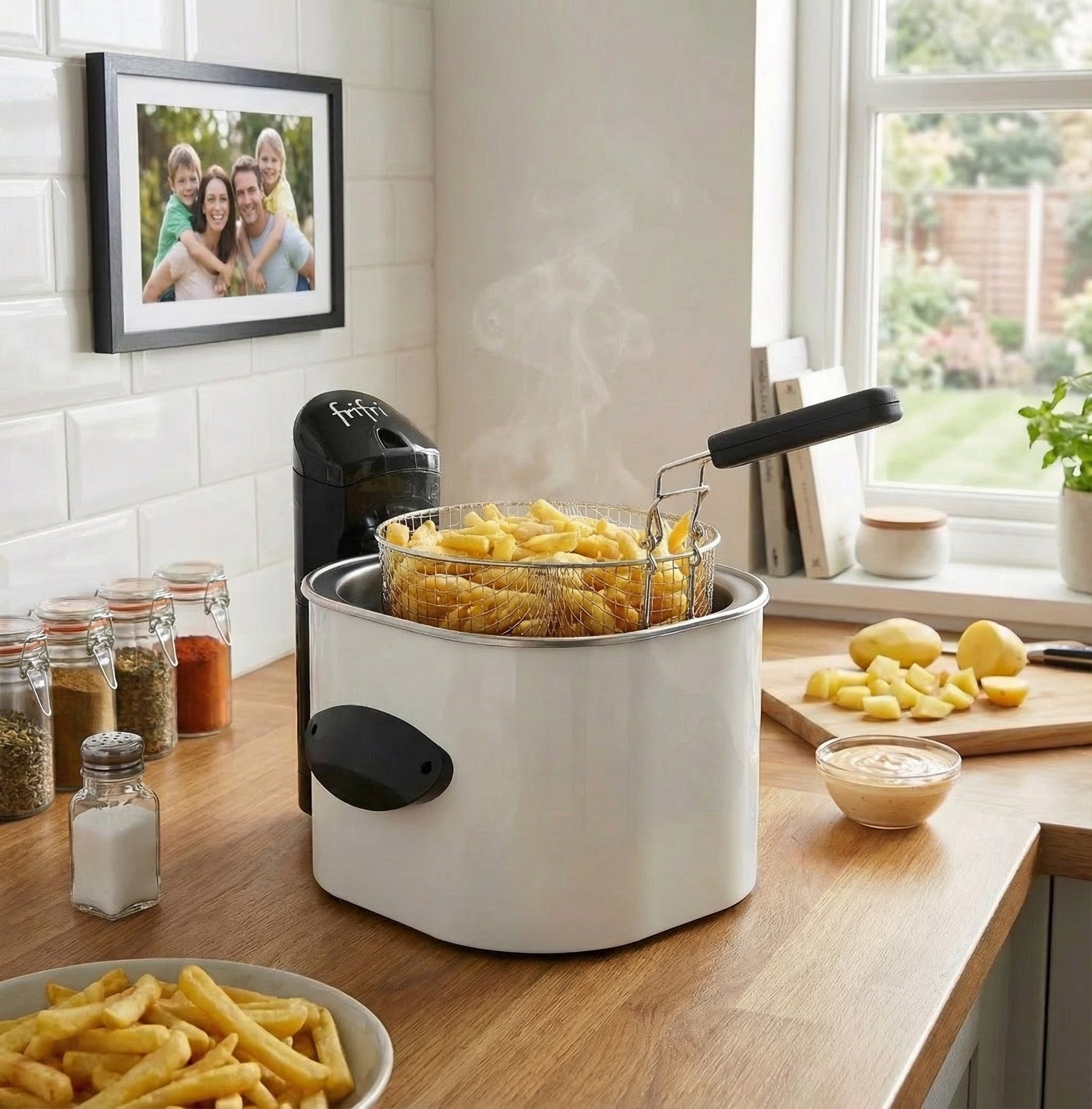 Sur le comptoir de la cuisine, une friteuse fait cuire des frites. Un bol de pommes de terre épluchées, une assiette de frites, des sauces et des bocaux d'épices se trouvent à proximité. Une photo de famille est accrochée au mur carrelé.