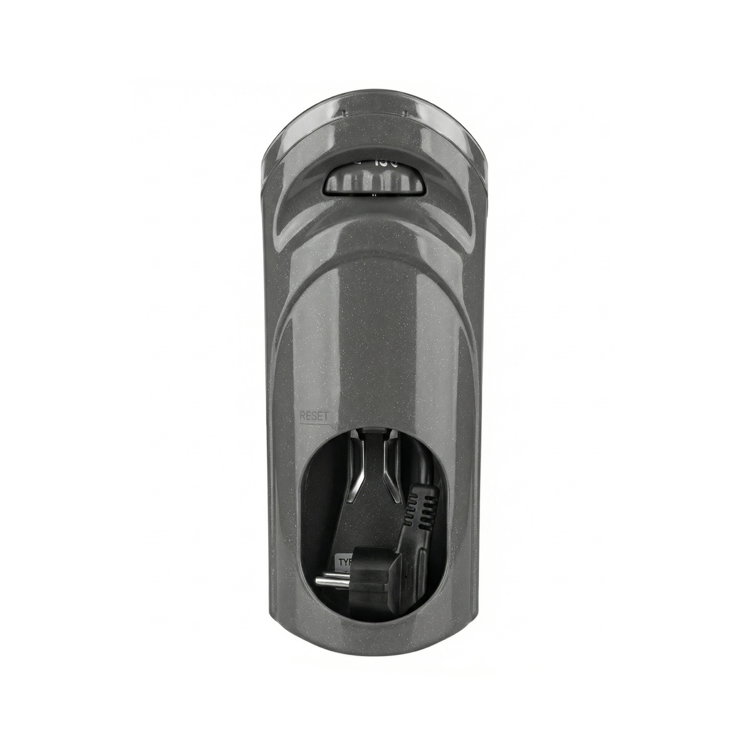 Une station d'accueil pour aspirateur en plastique gris à fixation murale avec un compartiment visible pour le cordon d'alimentation et la prise, rappelant le design de la Résistance pour friteuse - 3200 W.